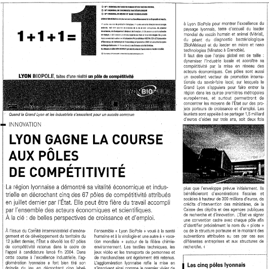 Extrait de l'article "Lyon gagne la course aux pôles de compétitivité" publié dans Grand Lyon Magazine en 2005